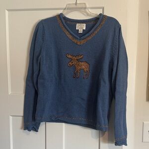 Christopher & Banks Blue V-Neck Sweater with Moose Design